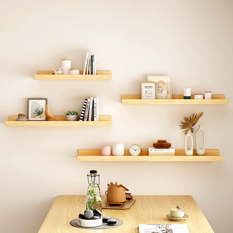 30cm Wall Shelf Home Living Room Wall Shelf Punched One-line Board Bookshelf Wall Decoration Solid Wood Small Rack - Image 2