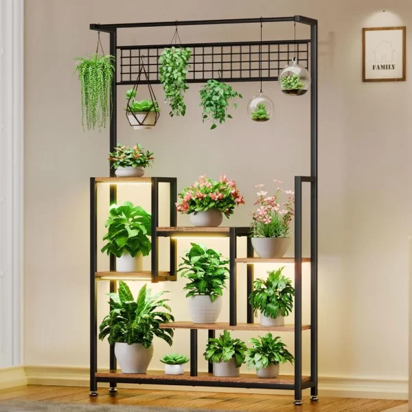 6-Tier Indoor Plant Stand with Built-In Grow Lights, Large Corner Metal Rack for Flower Displays - Image 2
