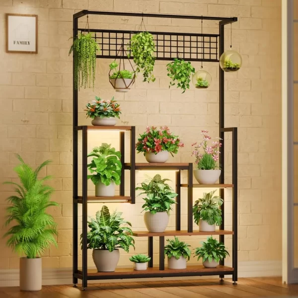 6-Tier Indoor Plant Stand with Built-In Grow Lights, Large Corner Metal Rack for Flower Displays - Image 1