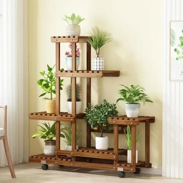 6 Tier Wood Plant Stand Vertical Carbonized Multiple Holder Indoor Outdoor Patio - Image 2