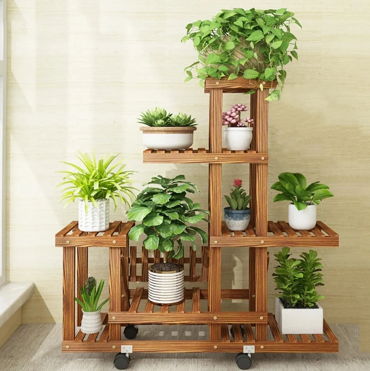 6 Tier Wood Plant Stand Vertical Carbonized Multiple Holder Indoor Outdoor Patio - Image 3