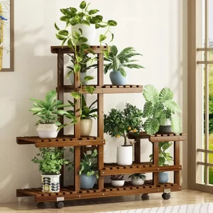 6 Tier Wood Plant Stand Vertical Carbonized Multiple Holder Indoor Outdoor Patio - Image 1