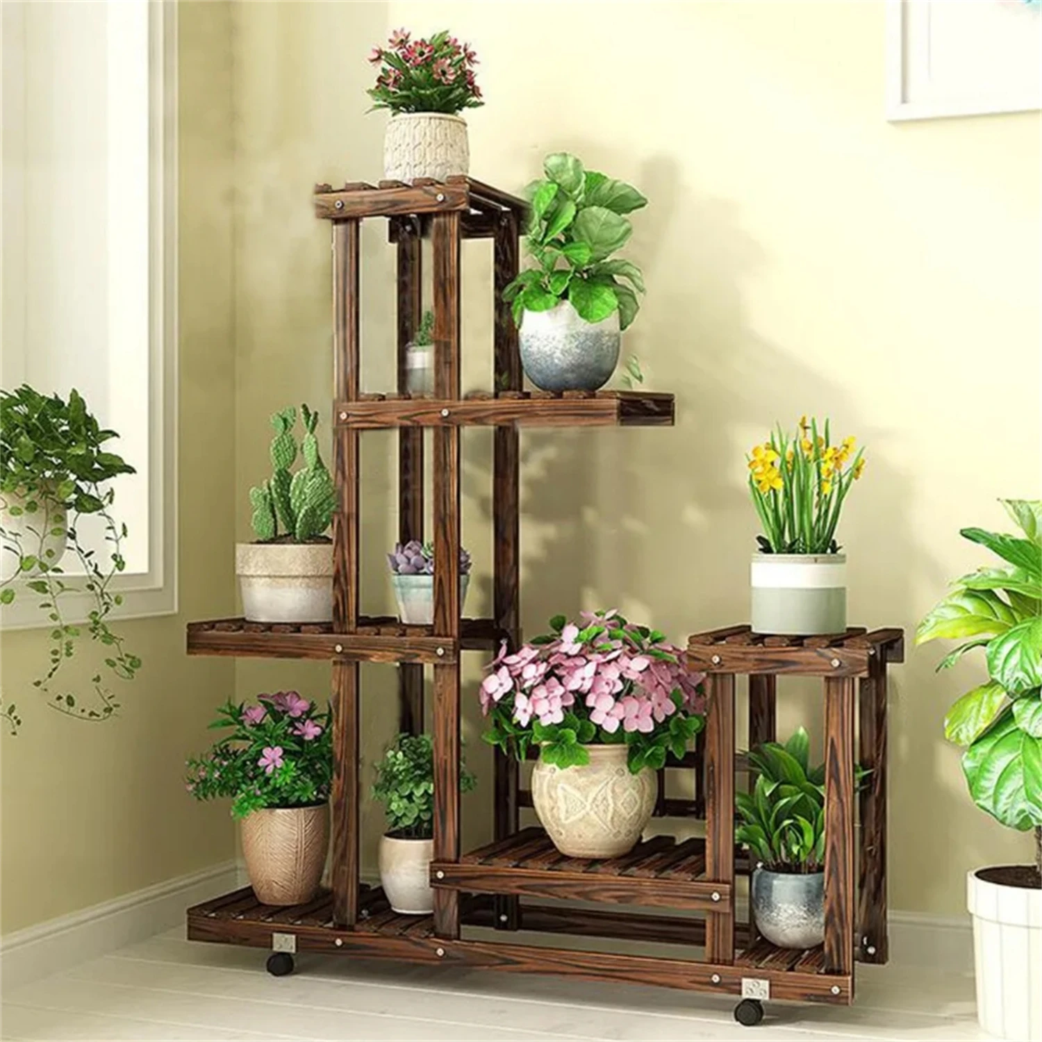 6 Tier Wood Plant Stand Vertical Carbonized Multiple Holder Indoor Outdoor Patio - Image 7