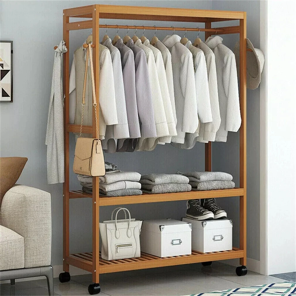 Bamboo Garment Rack with Wheels, Clothing Rack for Hanging Clothes with Hooks, Multi-functional Bedroom Clothes Rack - Image 4