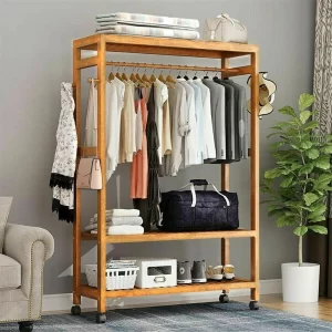 Bamboo Garment Rack with Wheels, Clothing Rack for Hanging Clothes with Hooks, Multi-functional Bedroom Clothes Rack