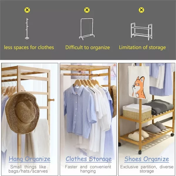 Bamboo Garment Rack with Wheels, Clothing Rack for Hanging Clothes with Hooks, Multi-functional Bedroom Clothes Rack - Image 5