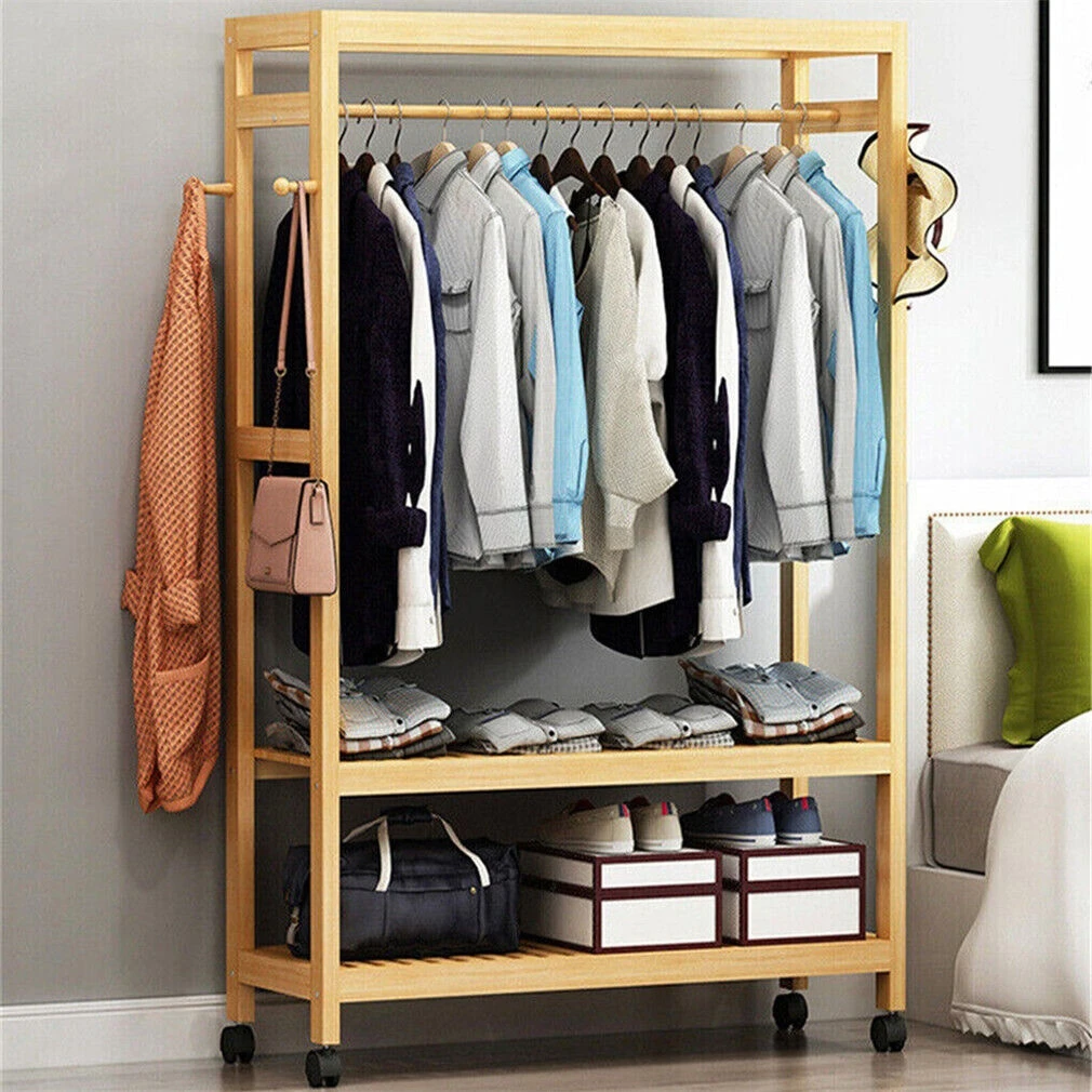Bamboo Garment Rack with Wheels, Clothing Rack for Hanging Clothes with Hooks, Multi-functional Bedroom Clothes Rack - Image 7