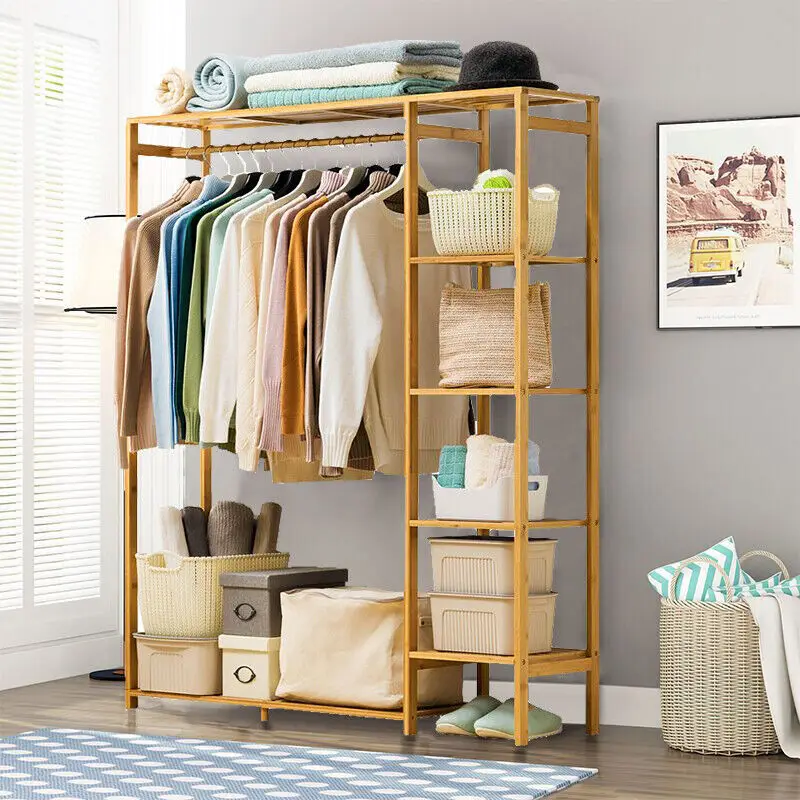 Bamboo Wood Clothing Garment Rack with Shelves Clothes Hanging Rack Stand for Child Kids Adults Cloth Shoe Coat Storage Organize - Image 2