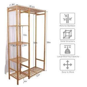 Bamboo Wood Clothing Garment Rack with Shelves Clothes Hanging Rack Stand for Child Kids Adults Cloth Shoe Coat Storage Organize - Image 5