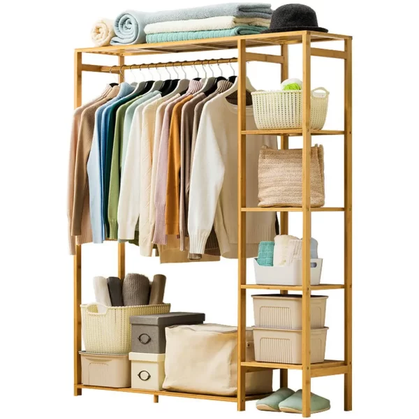 Bamboo Wood Clothing Garment Rack with Shelves Clothes Hanging Rack Stand for Child Kids Adults Cloth Shoe Coat Storage Organize - Image 7