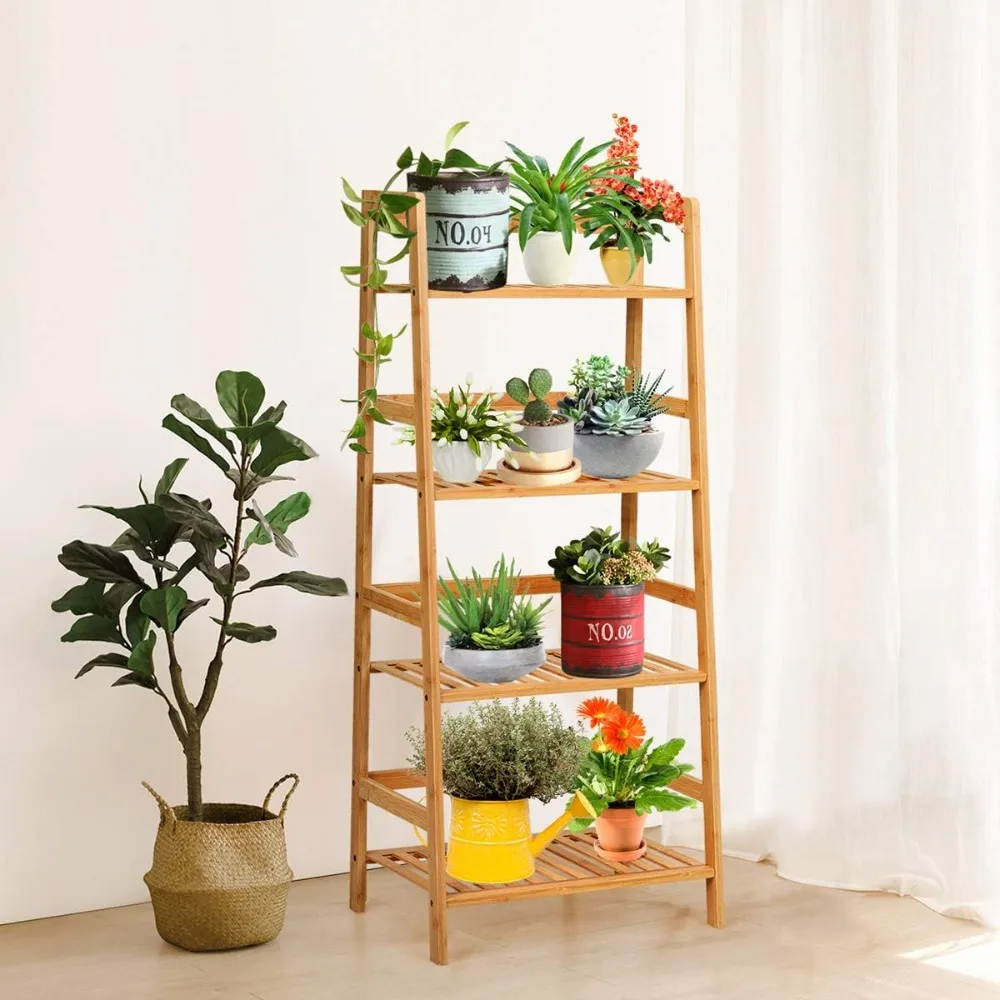 Giantex 4-Tier Ladder Shelf Plant Stand, Bamboo Flower Pots Holder Display Rack, Multifunctional Ladder-Shaped Bookshelf Storage - Image 2