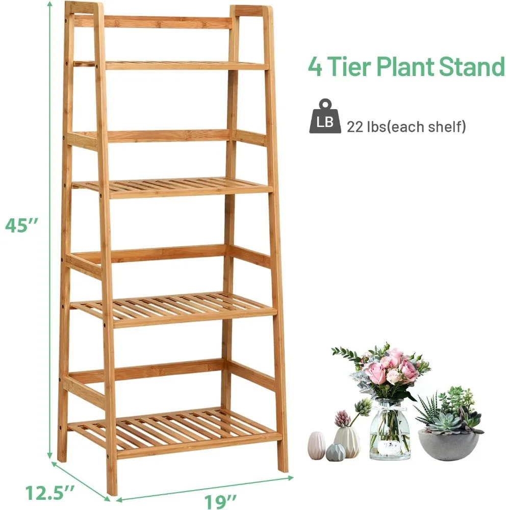 Giantex 4-Tier Ladder Shelf Plant Stand, Bamboo Flower Pots Holder Display Rack, Multifunctional Ladder-Shaped Bookshelf Storage - Image 3