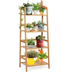 Giantex 4-Tier Ladder Shelf Plant Stand, Bamboo Flower Pots Holder Display Rack, Multifunctional Ladder-Shaped Bookshelf Storage - Image 1