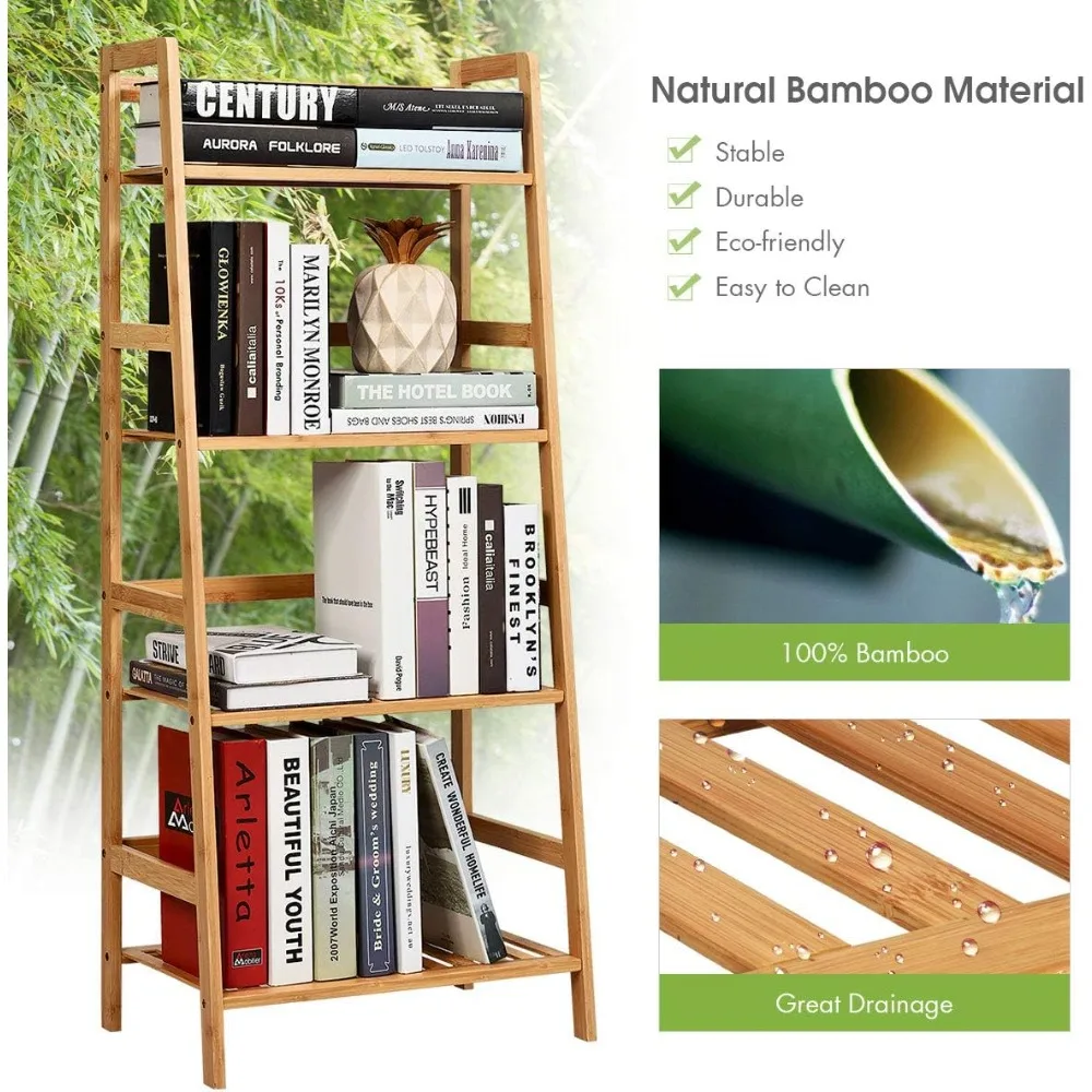 Giantex 4-Tier Ladder Shelf Plant Stand, Bamboo Flower Pots Holder Display Rack, Multifunctional Ladder-Shaped Bookshelf Storage - Image 6