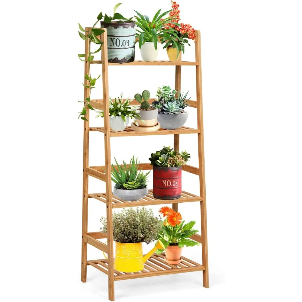 Giantex 4-Tier Ladder Shelf Plant Stand, Bamboo Flower Pots Holder Display Rack, Multifunctional Ladder-Shaped Bookshelf Storage - Image 1
