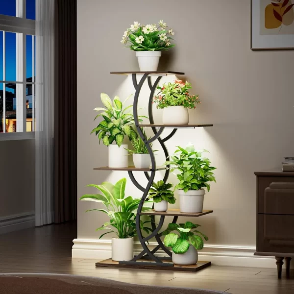 Indoor 5-Tier Curved Metal Plant Stand for Tall Plants with Grow Lights - Image 2