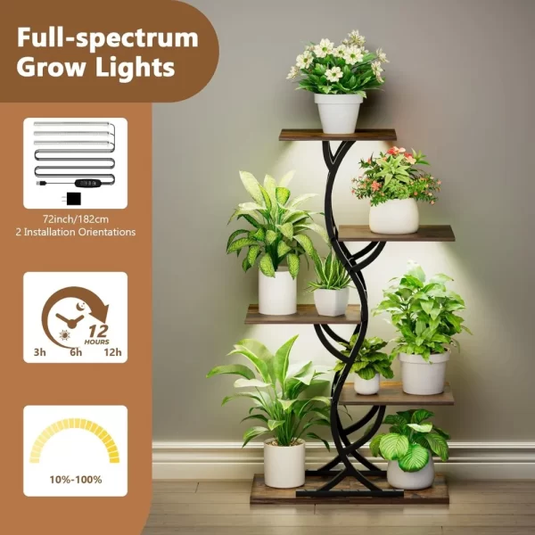 Indoor 5-Tier Curved Metal Plant Stand for Tall Plants with Grow Lights - Image 3