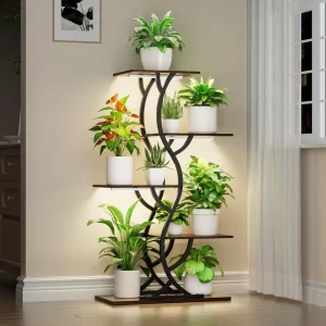 Indoor 5-Tier Curved Metal Plant Stand for Tall Plants with Grow Lights - Image 1