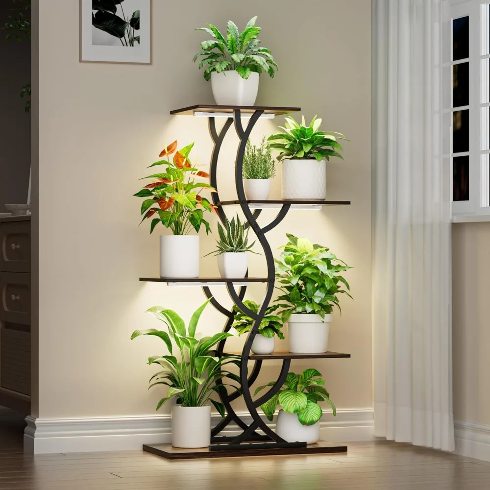 Indoor 5-Tier Curved Metal Plant Stand for Tall Plants with Grow Lights - Image 1