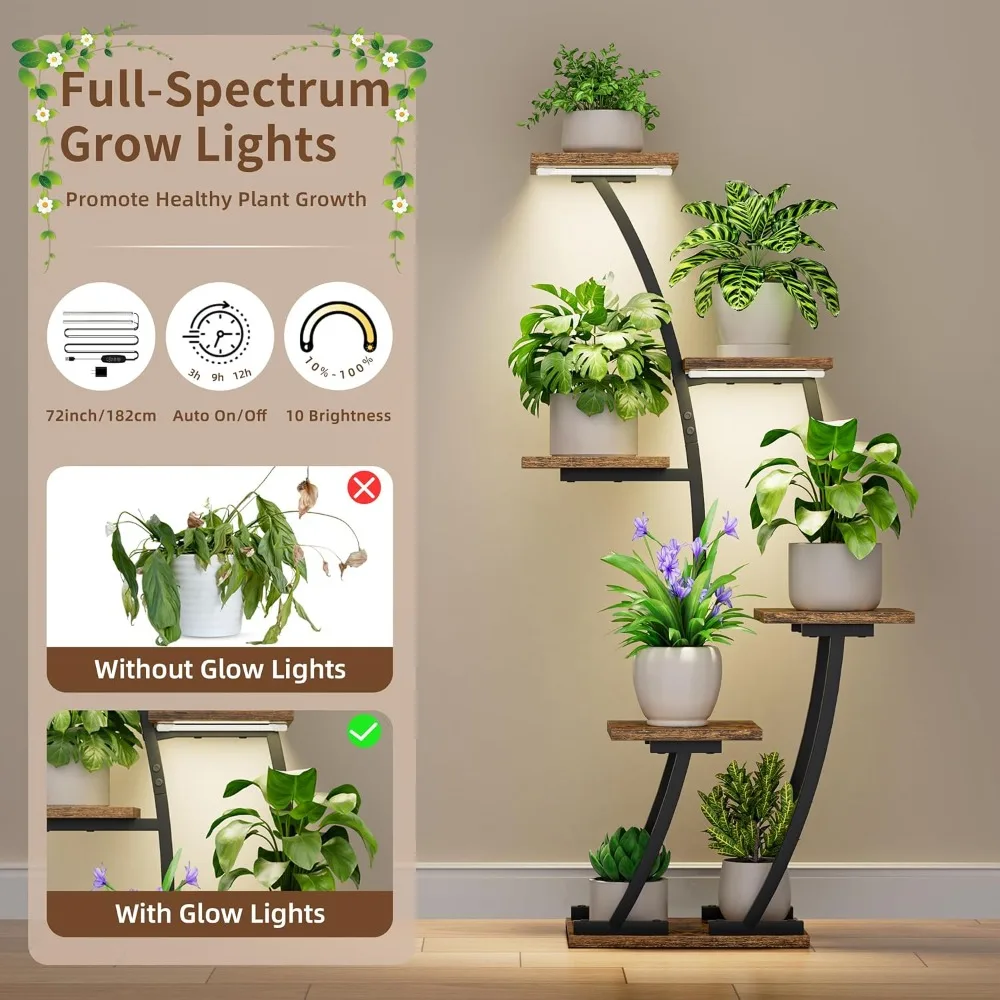 Indoor Plant Stands with Dual Lighting, Two-Piece Indoor Plant Shelves, Corner Plant Stands for Home Plants, Six-Tier Plant and - Image 3