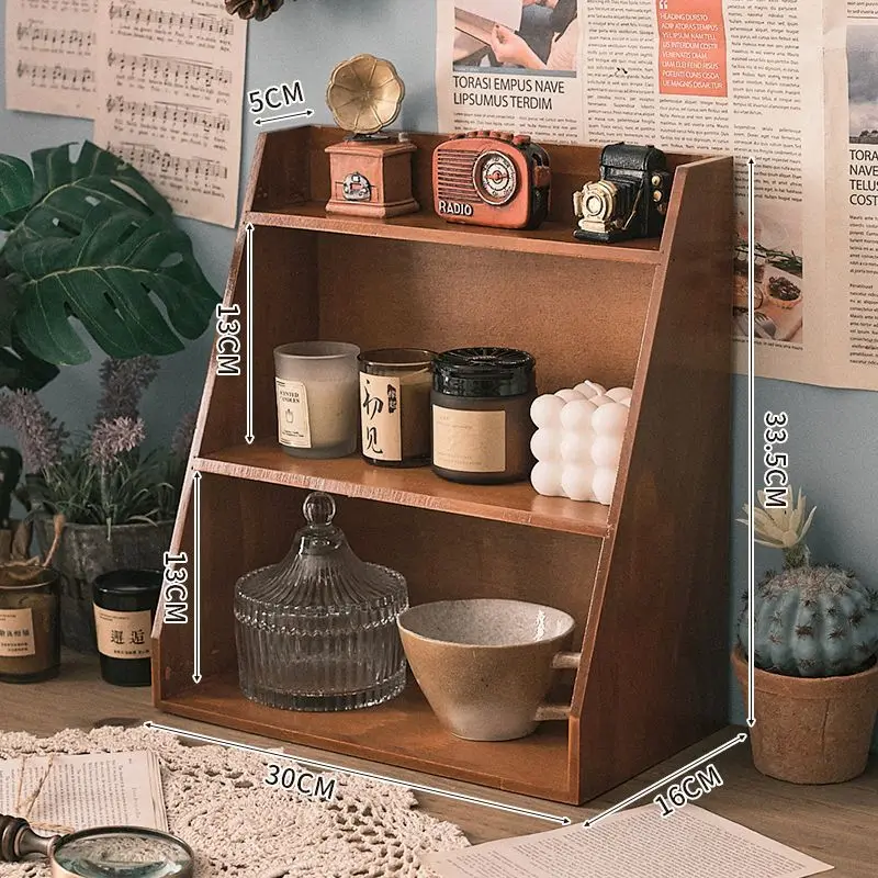 Solid Wood Cosmetics Storage Rack Multifunctional Organizer Desktop Cup Sample Storage Box Multi-layer Wooden Retro Storage Rack - Image 11