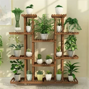 UNHO Multi-Tier Plant Stand, 46in Height Wood Flower Rack Holder 16 Potted Display Storage Shelves Indoor Outdoor for Patio Gard - Image 1