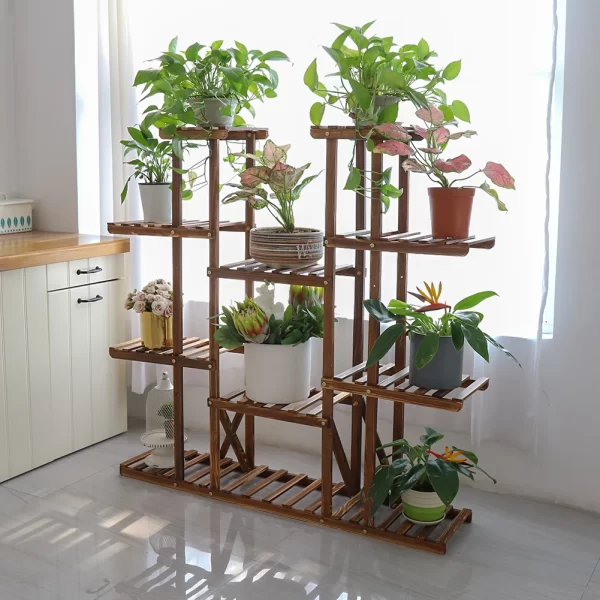 UNHO Multi-Tier Plant Stand, 46in Height Wood Flower Rack Holder 16 Potted Display Storage Shelves Indoor Outdoor for Patio Gard - Image 6