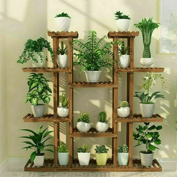 UNHO Multi-Tier Plant Stand, 46in Height Wood Flower Rack Holder 16 Potted Display Storage Shelves Indoor Outdoor for Patio Gard - Image 7