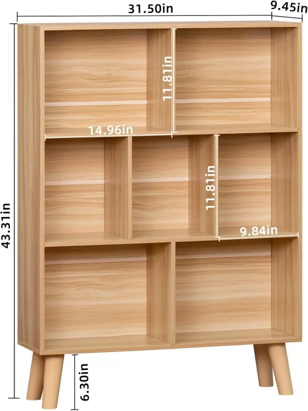 Wooden 7 Cube Book Shelf, Natural 3 Tier Bookshelf with Legs, Modern Open Storage Organizer,Boho Bookcase,Display Cabinet Shelf - Image 2