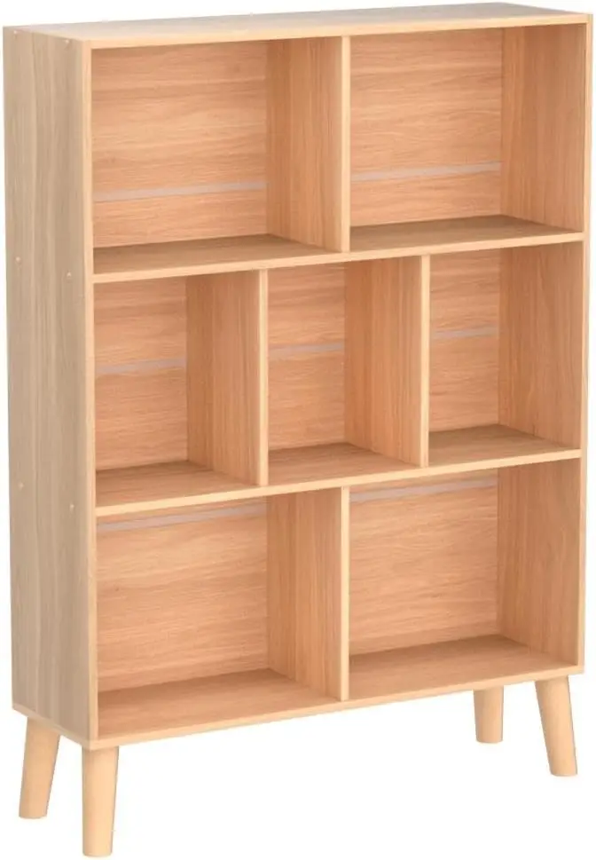 Wooden 7 Cube Book Shelf, Natural 3 Tier Bookshelf with Legs, Modern Open Storage Organizer,Boho Bookcase,Display Cabinet Shelf - Image 5