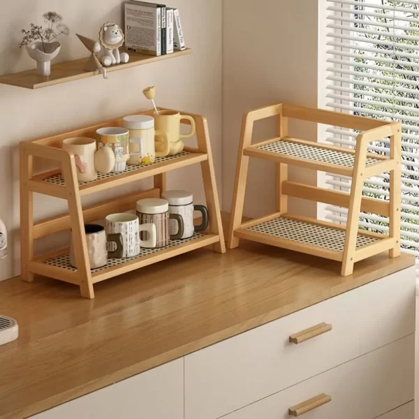 Wooden Storage Shelf for Kitchen Rattan Desktop Organizer Display Rack Spice Rack for Countertop Makeup Organizer - Image 3